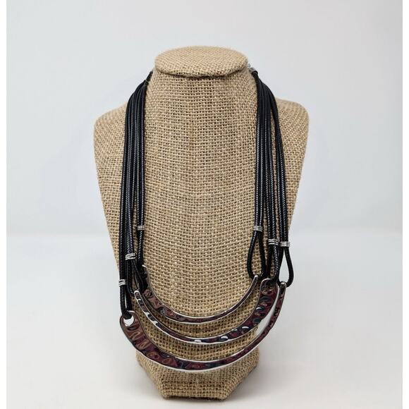 Linea Louis Dell'Olio Black Triple Cord Silver Tone Necklace Earrings Set - Picture 2 of 14